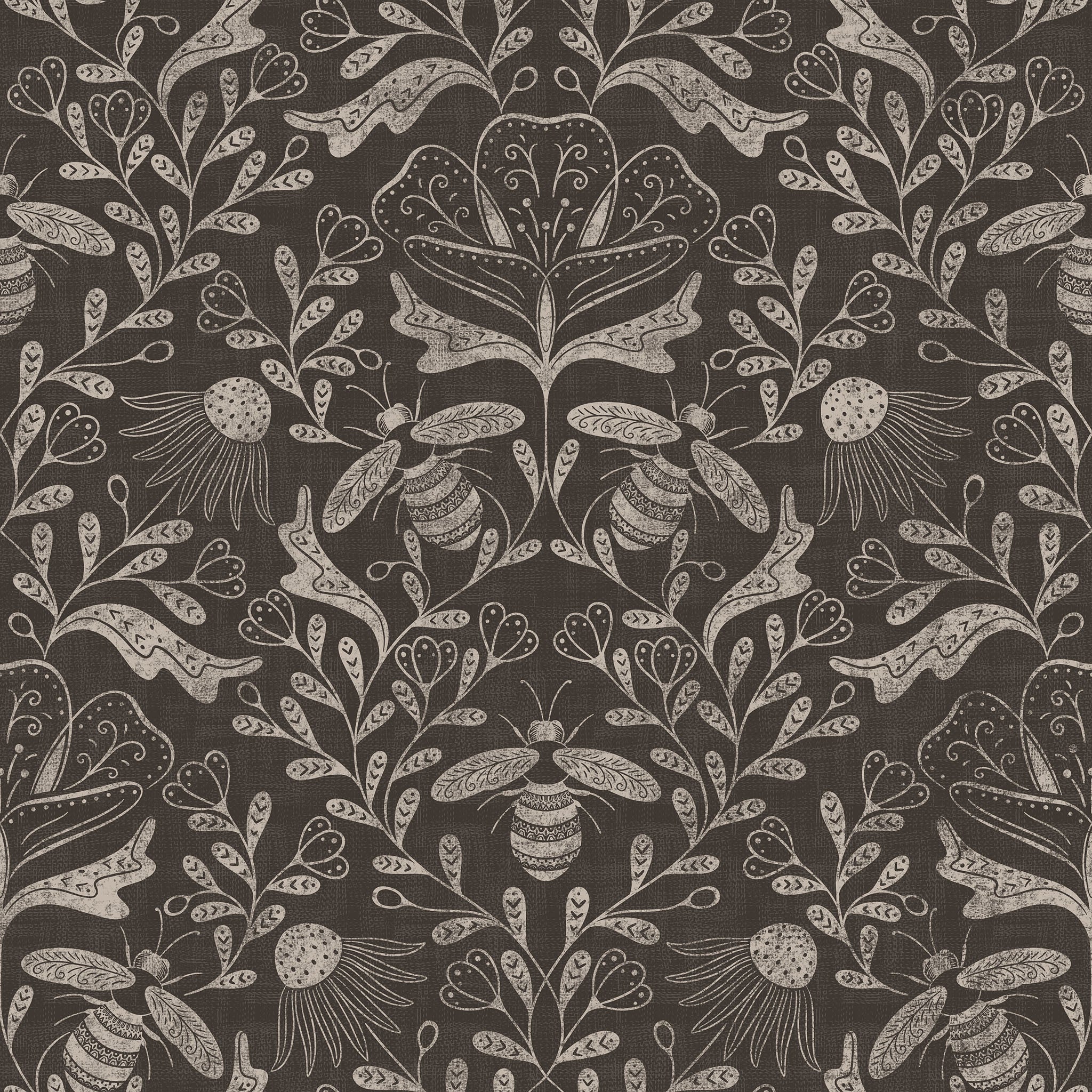 Decorative pattern with bees and floral elements on a dark background